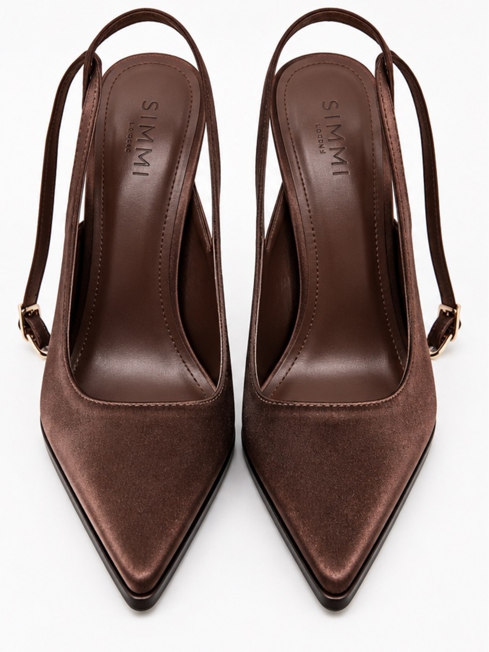 SIMMI Chocolate Brown Satin Pointed Slingback Heels
